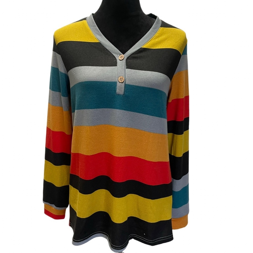 BISHUIGE M Women's Rainbow Stripe Henley Tunic Long Sleeve Top Blouse